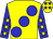 Yellow body, blue large spots, blue arms, yellow stars, yellow cap, blue stars
