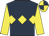 Big-blue body, yellow three diamonds, yellow arms, yellow cap, big-blue quartered