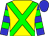 Yellow body, blue saint's cross andre, yellow arms, blue hooped, yellow cap, blue hooped