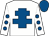 white, royal blue cross of lorraine, white sleeves, royal blue dots, royal blue cap
