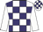 white and purple checks, white sleeves, white and purple checked cap