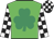 Lime green, emerald green shamrock, black and white  checked sleeves and cap