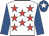 White, red stars, royal blue sleeves, royal blue cap,  white star