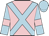 Pink, light blue cross belts, light blue sleeves, pink armlets, light blue cap
