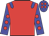 red, blue epaulets, blue sleeves, red spots, blue cap, red spots
