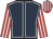 Dark blue, white seams, red and white striped sleeves and cap
