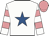 White, royal blue star, white and shocking pink hooped sleeves, shocking pink cap
