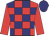 red and navy blue checked , red sleeves, navy cap
