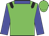 Green, black epaulettes, blue sleeves and collar, green cap