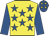 Yellow, royal blue stars, royal blue sleeves, royal blue cap, yellow stars