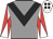 Grey, black chevron, white sleeves, red diabolo, white cap, black spots