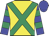 Yellow, emerald green cross sashes, blue sleeves, emerald green hoops, blue cap