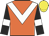 Orange, white chevron, black sleeves, white armlet, yellow cap