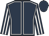 Dark blue, white seams, striped sleeves, dark blue cap
