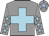 Grey, light blue cross, grey sleeves, grey sleeves, light blue stars, grey cap, baby blue star