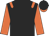 Black, orange epaulettes and sleeves, black cap, orange peak