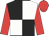 Black and white quartered, red sleeves and cap