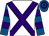 White, purple cross sashes, royal blue sleeves, purple hoops, royal blue cap, purple hoops
