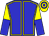 Blue body, yellow seams, yellow cap, blue hooped