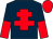 Dark blue, red cross of lorraine, halved sleeves, red cap