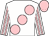 White, pink large spots, striped sleeves, pink cap