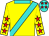 Yellow, turquoise sash, yellow sleeves, red stars, turquoise collar, turquoise cap, red stars