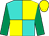 Turquoise and yellow quartered, emerald green sleeves, yellow cap