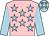 Pink, light blue stars and sleeves, light blue cap, pink stars