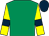 Emerald green, yellow sleeves, dark blue armlets, dark blue cap