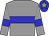 Grey body, blue hoop, grey arms, blue armlets, blue cap, grey star