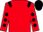 Red body, black epaulettes, red arms, black spots, black cap