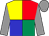yellow, blue, red and emerald green quartered, grey sleeves, grey cap
