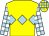 Yellow, light blue triple diamond, white and light blue check sleeves, yellow and light blue check cap