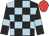 Black and light blue check, black sleeves, light blue armlets, red cap