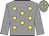 grey, gold spots,grey sleeves, grey cap, gold spots