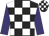 Black and white checks, purple sleeves, black and white checked cap,