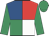 Royal blue, emerald green, red and white quartered, emerald green sleeves and cap