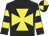 Black, yellow maltese cross, hooped sleeves, quartered cap