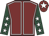 Maroon, white seams, dark green sleeves, white stars, maroon cap, white star
