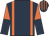 Dark blue, orange braces, orange and dark blue halved sleeves, dark blue and orange striped cap