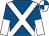 Royal blue, white cross belts, halved sleeves, white and royal blue quartered cap