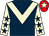Dark blue, beige chevron, beige sleeves, dark blue stars, red cap, beige star