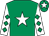 Emerald green, white star, white sleeves, emerald green diamonds, emerald green cap, white star