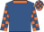 Royal blue,orange collar and cuffs, orange and royal blue checked sleeves and cap, orange peak