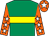 Emerald green, yellow hoop, orange sleeves, white stars, orange cap, white star