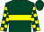 Dark green, yellow hoop, check sleeves, dark green cap