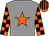 Grey, orange star, orange and black check sleeves, striped cap