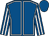 Royal blue, white seams, striped sleeves, royal blue cap
