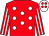 Red, white spots, striped sleeves, white cap, red spots