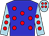Blue, red spots, light blue sleeves, red spots, light blue cap, red spots